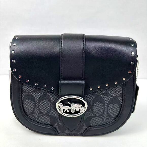 Coach Georgie Saddle Crossbody Colorblock Sig Canvas Silver/Graphite/Black NWT - Picture 2 of 12